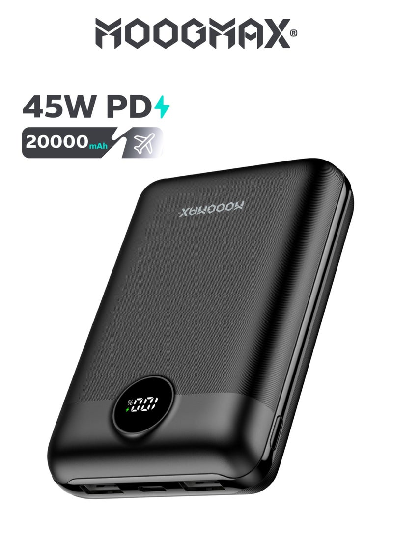 موجماكس باور بنك سوبر سمول سايز بسعة 20000mAh وقوة 45واط، يدعم الشحن السريع ,مزود بشاشة رقمية LED لمعرفة مستوى الشحن، يمكن استخدامه على الطائرات والقطارات. باللون اسود من موجماكس. - Image 1